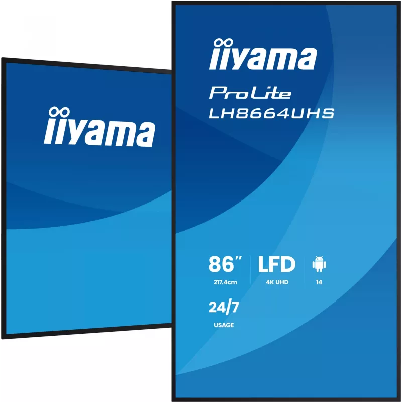Skaitmeninės reklamos plokščiasis ekranas IIYAMA LH8664UHS-B3AG — 85,6 colio (2,17 m) 3840x2160 4K IPS, 450 cd/m², Wi‑Fi, Android, 24/7, juodas