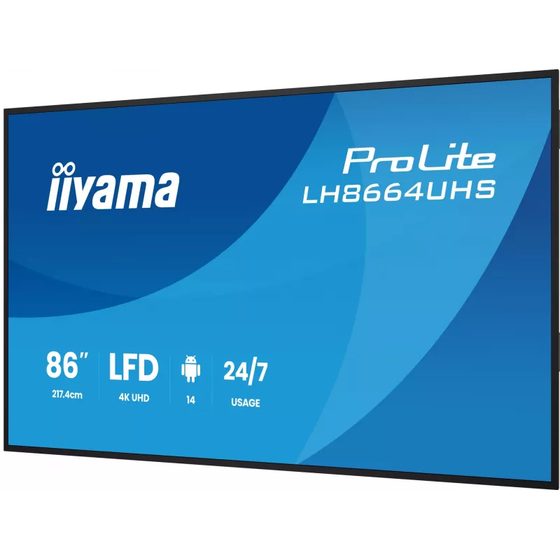 Skaitmeninės reklamos plokščiasis ekranas IIYAMA LH8664UHS-B3AG — 85,6 colio (2,17 m) 3840x2160 4K IPS, 450 cd/m², Wi‑Fi, Android, 24/7, juodas