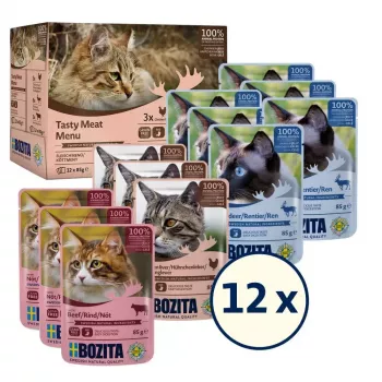 Šlapias ėdalas katėms BOZITA 9116321 12×85 g – bekombis su jautiena, elniena, vištienos kepenėlėmis
