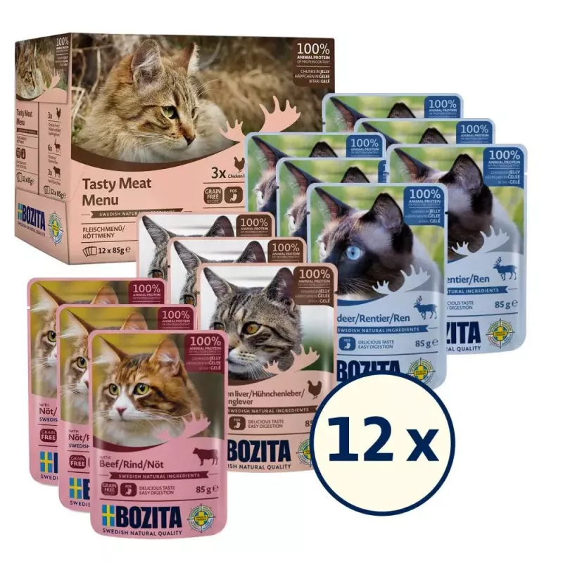 Šlapias ėdalas katėms BOZITA 9116321 12×85 g – bekombis su jautiena, elniena, vištienos kepenėlėmis