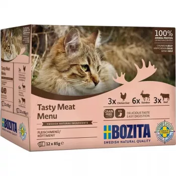 Šlapias ėdalas katėms BOZITA 9116321 12×85 g – bekombis su jautiena, elniena, vištienos kepenėlėmis