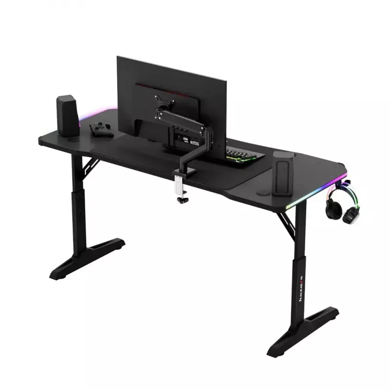 Reguliuojamo aukščio žaidimų stalas huzaro Hero 3.6 RGB Black — 1400×600 mm, aukštis 560–790 mm, RGB apšvietimas, H-kojų konstrukcija