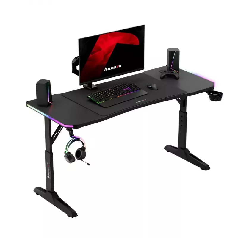 Reguliuojamo aukščio žaidimų stalas huzaro Hero 3.6 RGB Black — 1400×600 mm, aukštis 560–790 mm, RGB apšvietimas, H-kojų konstrukcija