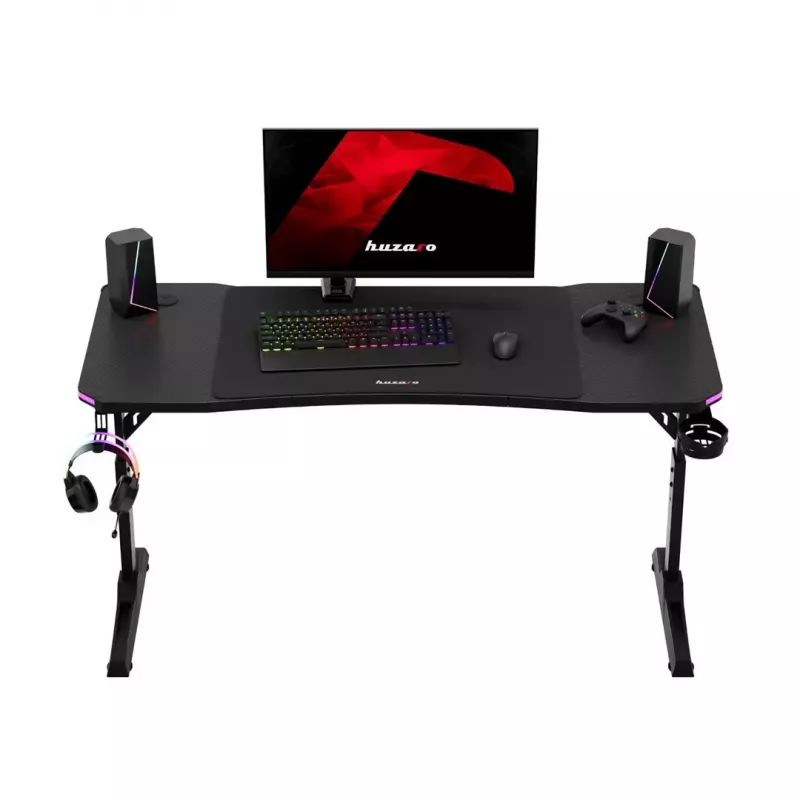 Reguliuojamo aukščio žaidimų stalas huzaro Hero 3.6 RGB Black — 1400×600 mm, aukštis 560–790 mm, RGB apšvietimas, H-kojų konstrukcija