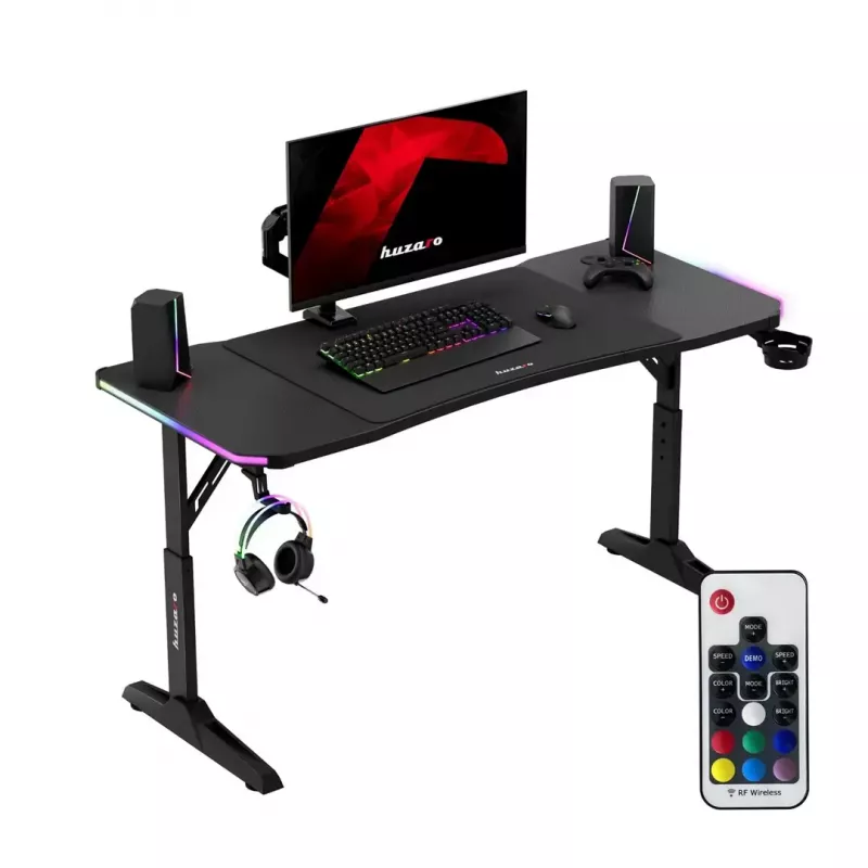 Reguliuojamo aukščio žaidimų stalas huzaro Hero 3.6 RGB Black — 1400×600 mm, aukštis 560–790 mm, RGB apšvietimas, H-kojų konstrukcija