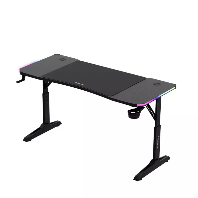 Reguliuojamo aukščio žaidimų stalas huzaro Hero 3.6 RGB Black — 1400×600 mm, aukštis 560–790 mm, RGB apšvietimas, H-kojų konstrukcija