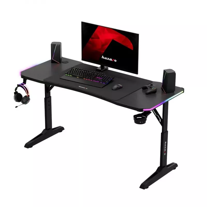 Reguliuojamo aukščio žaidimų stalas huzaro Hero 3.6 RGB Black — 1400×600 mm, aukštis 560–790 mm, RGB apšvietimas, H-kojų konstrukcija