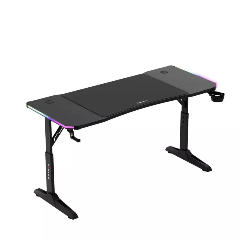Reguliuojamo aukščio žaidimų stalas huzaro Hero 3.6 RGB Black — 1400×600 mm, aukštis 560–790 mm, RGB apšvietimas, H-kojų konstrukcija