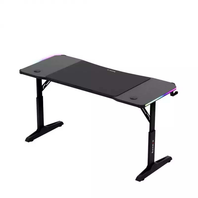 Reguliuojamo aukščio žaidimų stalas huzaro Hero 3.6 RGB Black — 1400×600 mm, aukštis 560–790 mm, RGB apšvietimas, H-kojų konstrukcija