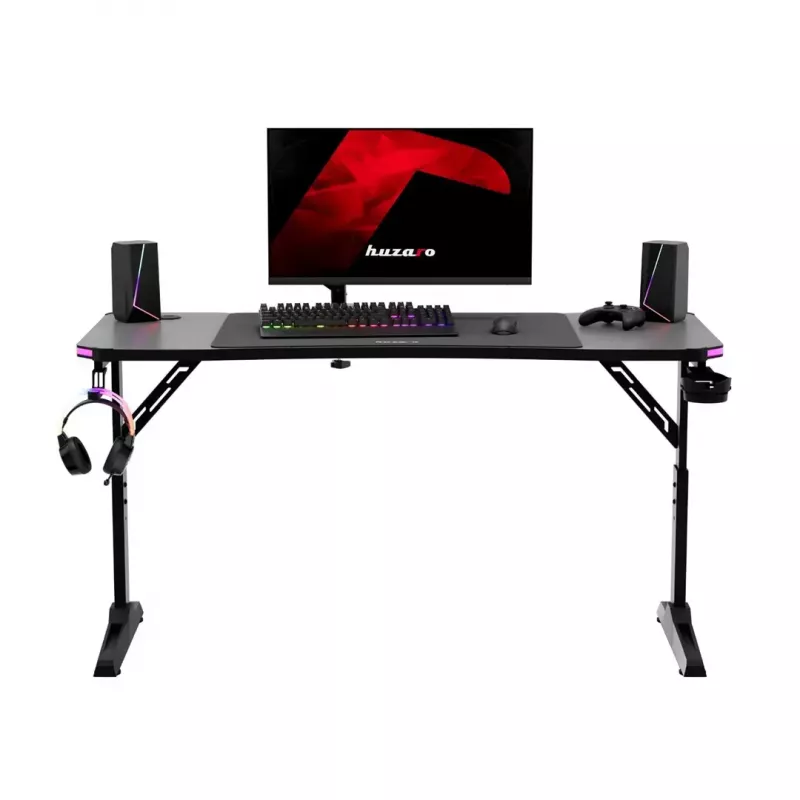 Reguliuojamo aukščio žaidimų stalas huzaro Hero 3.6 RGB Black — 1400×600 mm, aukštis 560–790 mm, RGB apšvietimas, H-kojų konstrukcija
