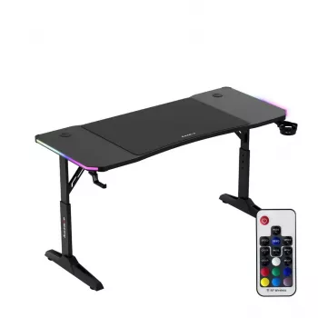 Reguliuojamo aukščio žaidimų stalas huzaro Hero 3.6 RGB Black — 1400×600 mm, aukštis 560–790 mm, RGB apšvietimas, H-kojų konstrukcija