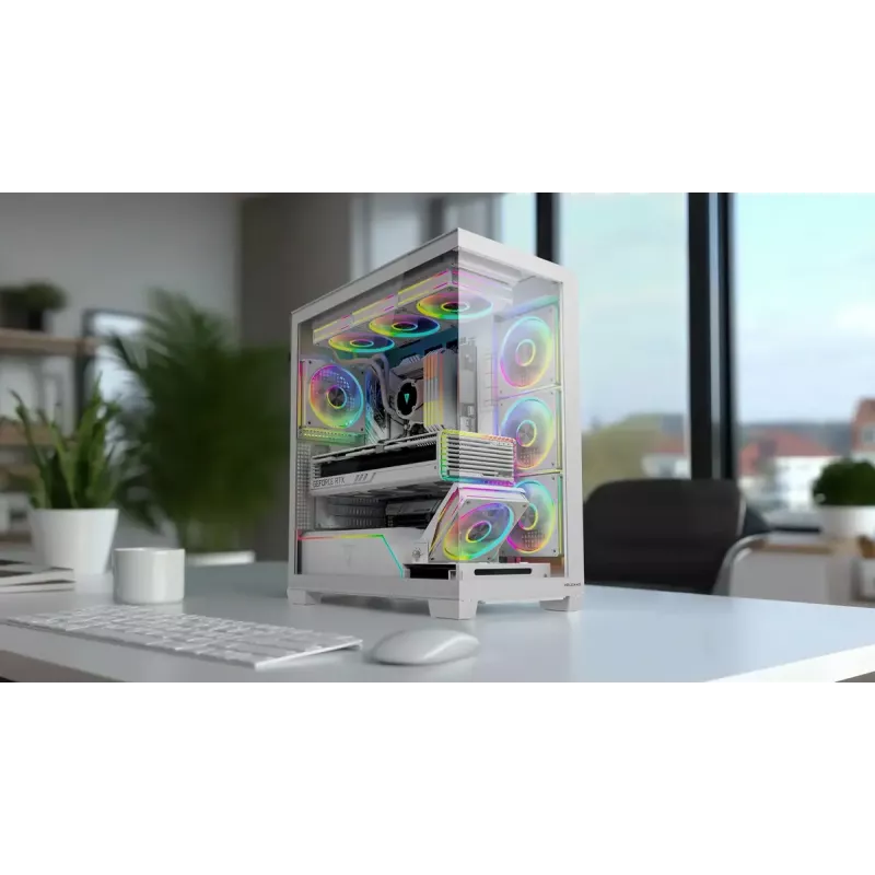 Korpusas MODECOM VOLCANO STELLAR PLUS MIDI WHITE — Midi bokštas, microATX, grūdintas stiklas, USB-C, palaiko GPU iki 420 mm