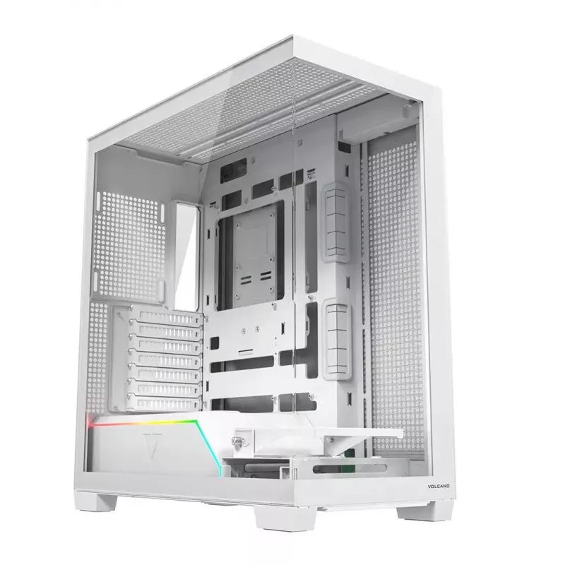 Korpusas MODECOM VOLCANO STELLAR PLUS MIDI WHITE — Midi bokštas, microATX, grūdintas stiklas, USB-C, palaiko GPU iki 420 mm