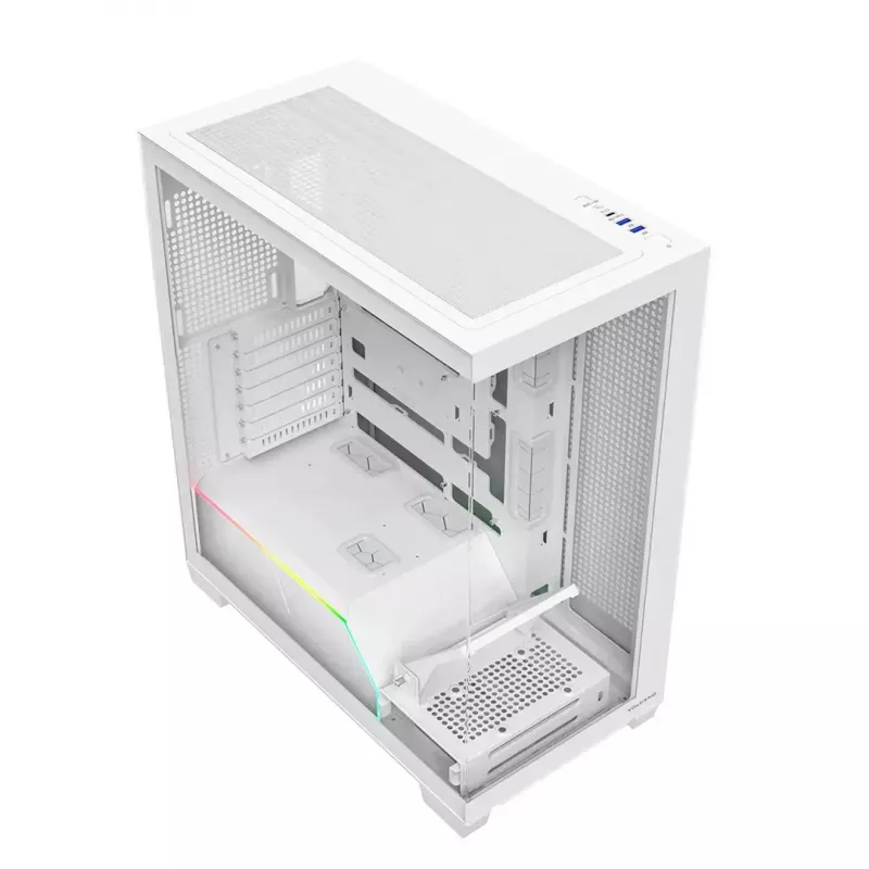 Korpusas MODECOM VOLCANO STELLAR PLUS MIDI WHITE — Midi bokštas, microATX, grūdintas stiklas, USB-C, palaiko GPU iki 420 mm