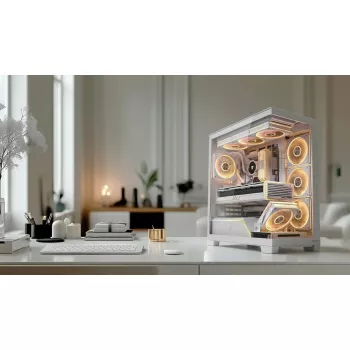Korpusas MODECOM VOLCANO STELLAR PLUS MIDI WHITE — Midi bokštas, microATX, grūdintas stiklas, USB-C, palaiko GPU iki 420 mm