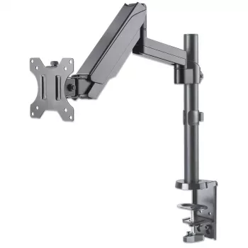 Manhattan stalinis laikiklis TV ir monitoriams (visiškai judantis, dujinė spyruoklė), 13–27 colių, užspaudžiamas arba per angą, VESA 75x75 ir 100x100 mm, max 8 kg