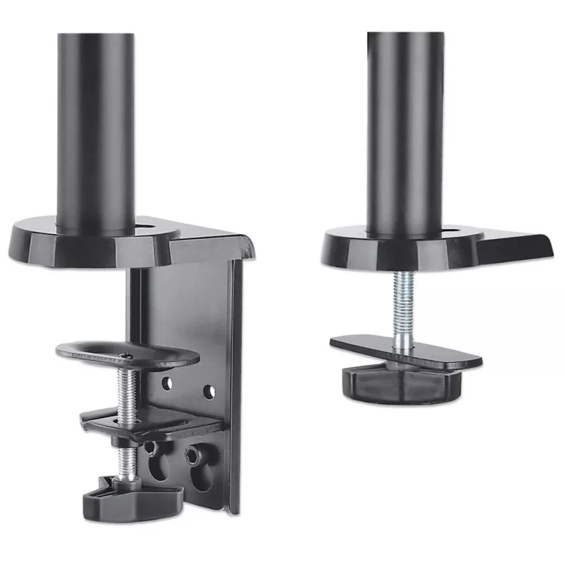 Manhattan stalinis laikiklis TV ir monitoriams (visiškai judantis, dujinė spyruoklė), 13–27 colių, užspaudžiamas arba per angą, VESA 75x75 ir 100x100 mm, max 8 kg