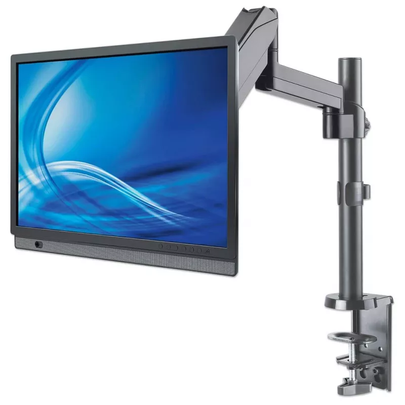 Manhattan stalinis laikiklis TV ir monitoriams (visiškai judantis, dujinė spyruoklė), 13–27 colių, užspaudžiamas arba per angą, VESA 75x75 ir 100x100 mm, max 8 kg