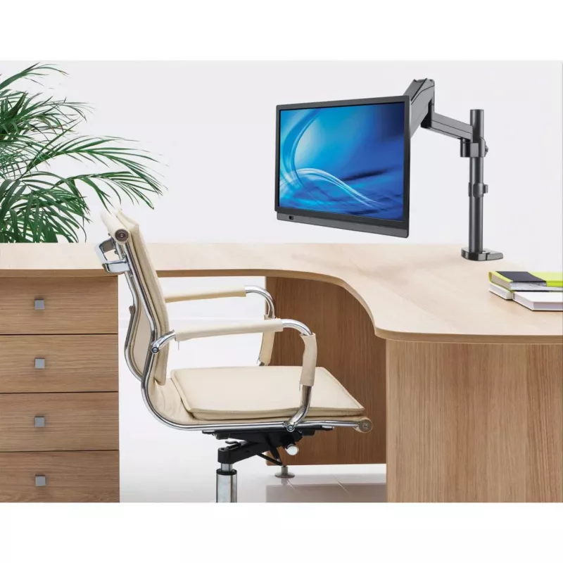 Manhattan stalinis laikiklis TV ir monitoriams (visiškai judantis, dujinė spyruoklė), 13–27 colių, užspaudžiamas arba per angą, VESA 75x75 ir 100x100 mm, max 8 kg
