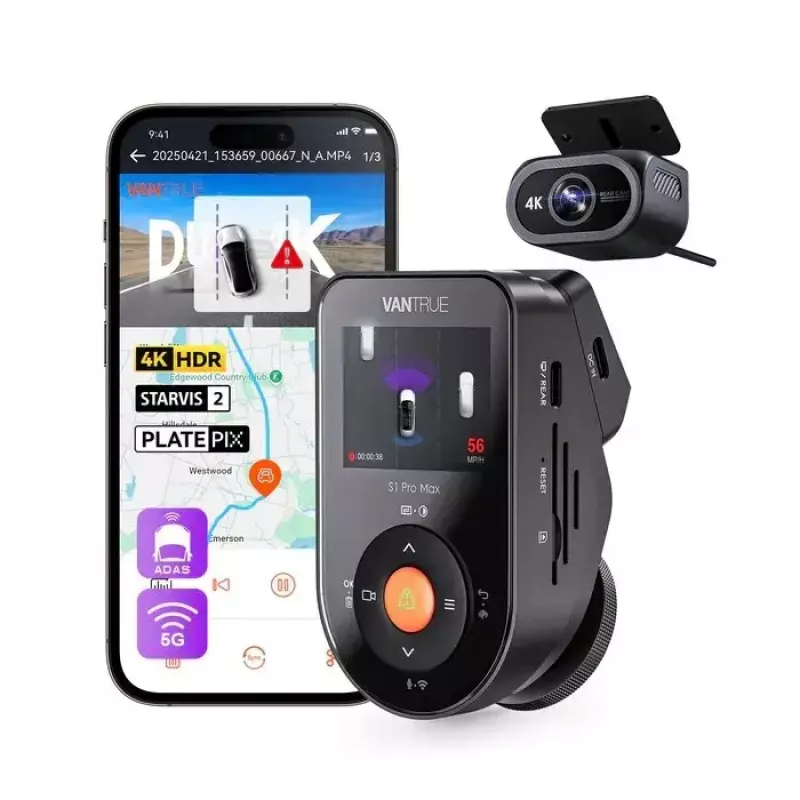 Automobilinis vaizdo registratorius VANTRUE S1PRO MAX – kompaktiškas 2 kanalų įrašymas, 3840×2160 F/1.8, 155° pagrindinė kamera, Wi‑Fi, GPS, 2 colių ekranas, parkavimo režimas, microSD iki 1 TB