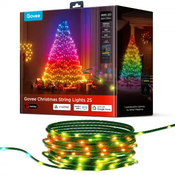 Protingos šventinės lemputės Govee 2S 20 m, Wi‑Fi/Bluetooth, žalia, 20 m ilgio, 2,5 m maitinimo laidas, 6 mm plotis