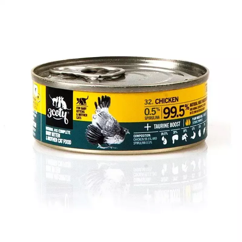 3Coty šlapias pašaras katėms su vištiena ir spirulina kačiukams bei žindančioms katėms, 80 g