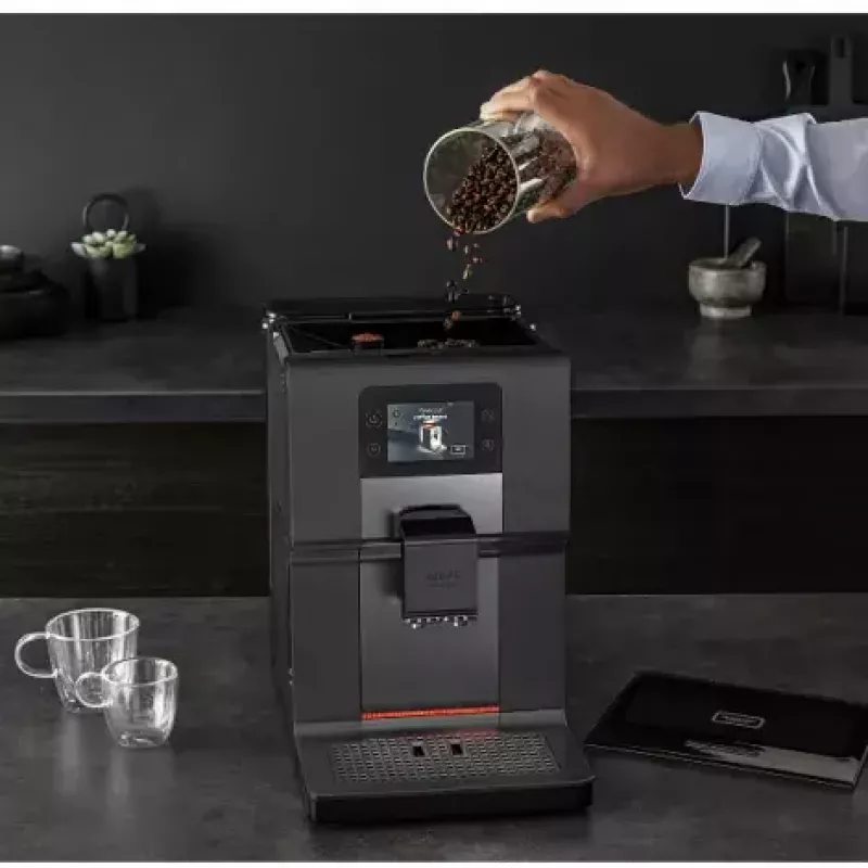 Krups EA875U10 pusiau automatinis espreso aparatas, 3 L vandens bakas, 250 g pupelių talpa, termoblokas, 1450 W