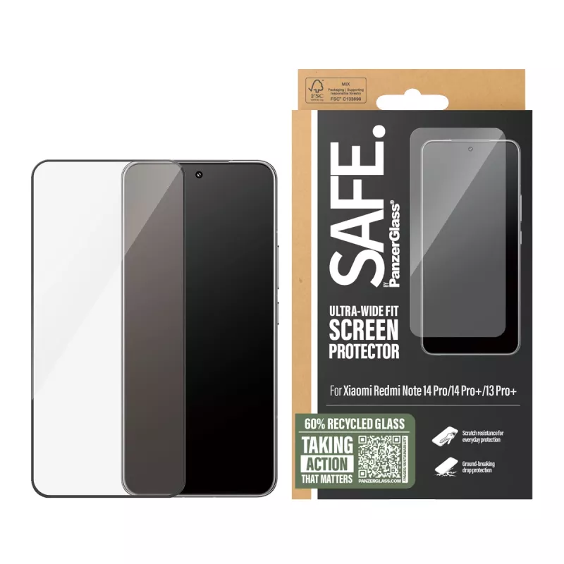 Apsauginis stiklas PanzerGlass SAFE. by Xiaomi Redmi Note 14 Pro / 14 Pro+ / 13 Pro+ — grūdintas, skaidrus, Ultra-Wide Fit