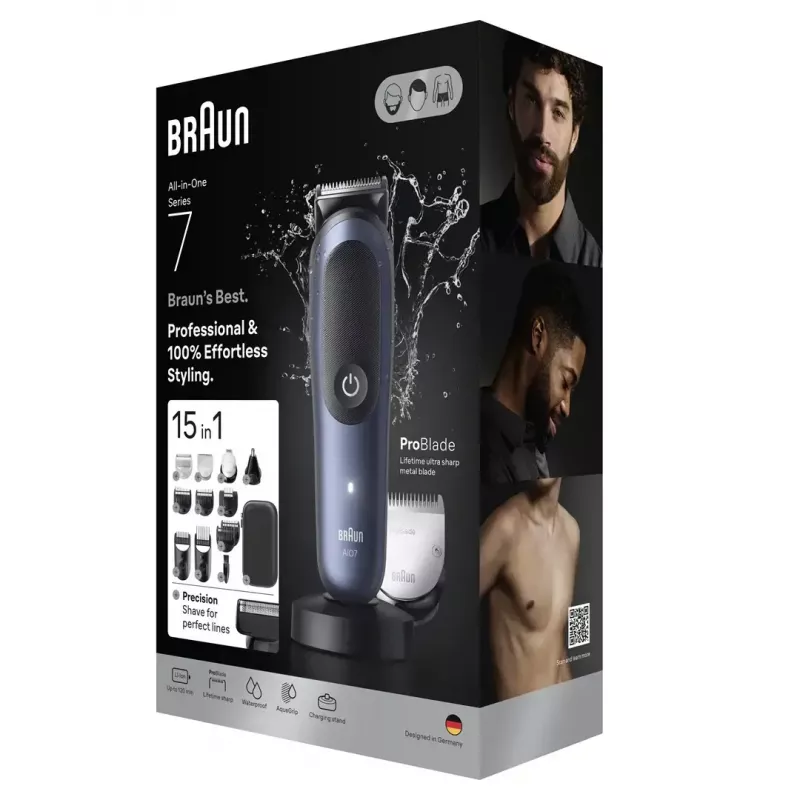 BRAUN All-in-One AIO7580 elektrinis skustuvas ir kirpimo mašinėlė, belaidis, šlapiam ir sausam naudojimui, 120 min veikimo, 21 ilgio pakopa, visam kūnui