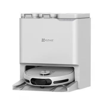 Robotas dulkių siurblys EZVIZ RS20 Pro — Li‑Ion 5200 mAh, 220 min veikimo laikas, 7200 Pa siurbimas, savaime išsituštinanti bazė, LiDAR navigacija, 0,35 L dulkių maišelis, šlapias valymas, baltas