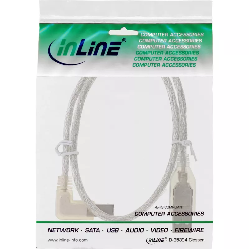 InLine USB 2.0 kabelis kairėn lenktas Type A kištukas / B kištukas permatomas 0,5 m