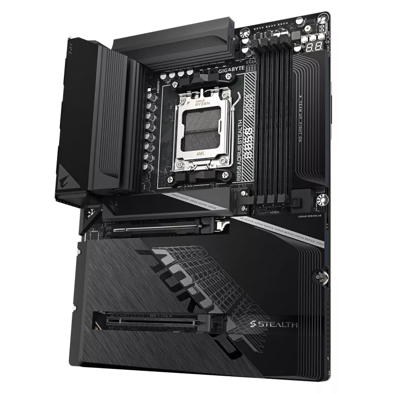 Motininė plokštė GIGABYTE B850 AORUS STEALTH — ATX, Socket AM5, AMD B850, DDR5 iki 8200 MHz (OC), 14+2+2 VRM, 2xPCIe5.0, 2xPCIe4.0 M.2, Wi‑Fi 7, 5GbE