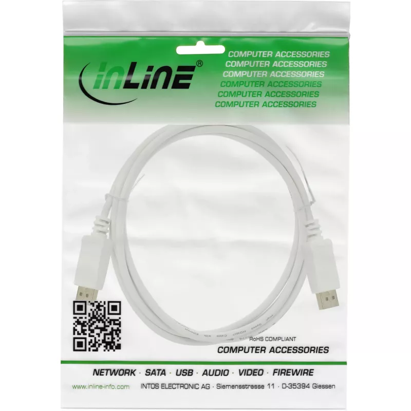 DisplayPort kabelis InLine 17255W, 0,5 m, DisplayPort–DisplayPort, baltas