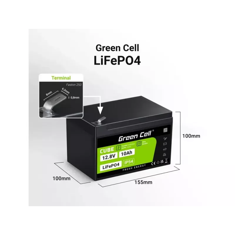 Pramoninis akumuliatorius Green Cell LFPGC12V10AH 12.8V 10Ah LiFePO4, 155x100x100 mm, 2 kg