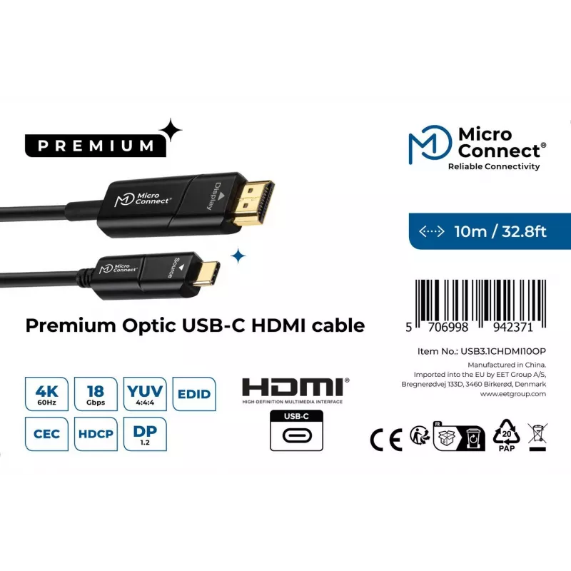 Microconnect USB3.1CHDMI10OP aktyvus optinis vaizdo kabelio adapteris 10 m USB Type-C – HDMI juodas