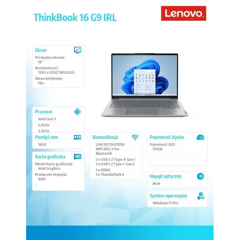 Lenovo ThinkBook 16 G9 IRL 21US007PPB 16 colių WUXGA IPS nešiojamas kompiuteris, Intel Core 7 240H, 16GB RAM, 512GB SSD, Intel Graphics, Windows 11 Pro