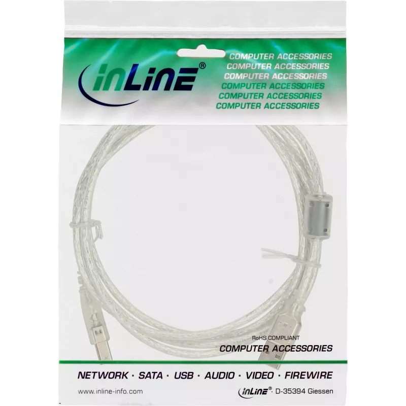InLine USB 2.0 kabelis Type A kištukas / B kištukas permatomas, ferito šerdis, 1 m