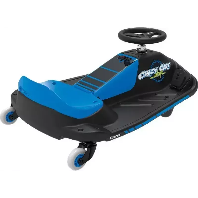 Elektrinis driftinis kartas Razor Crazy Cart Shift — mėlynas, 90 W variklis, 12 V baterija, iki 13 km/h, maks. 54 kg