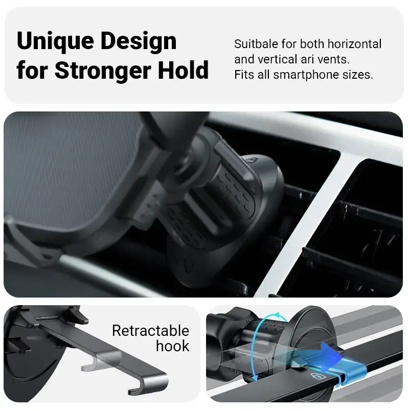 Crong Carclip Air Vent laikiklis telefonui į automobilio ventiliacijos groteles, juodos anglies spalvos
