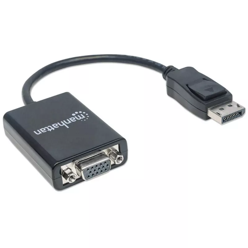 Manhattan DisplayPort į VGA HD15 keitiklio laidas, 15 cm, Kištukas į Lizdą, Aktyvus, DP su Užraktu, Juodas, Viso gyvenimo garantija, Atitikmuo DP2VGA2