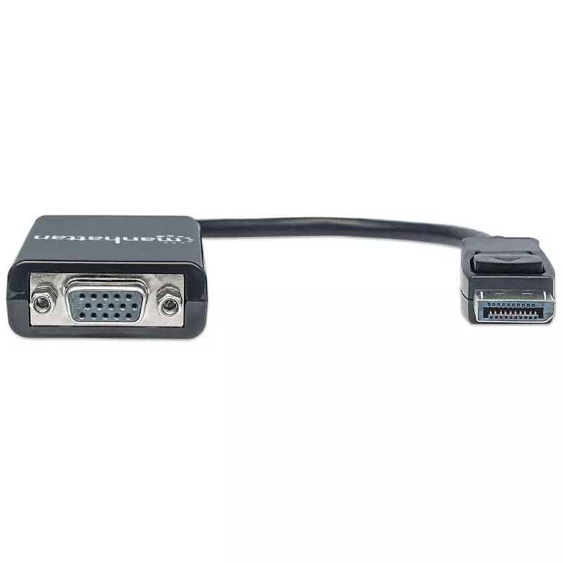 Manhattan DisplayPort į VGA HD15 keitiklio laidas, 15 cm, Kištukas į Lizdą, Aktyvus, DP su Užraktu, Juodas, Viso gyvenimo garantija, Atitikmuo DP2VGA2
