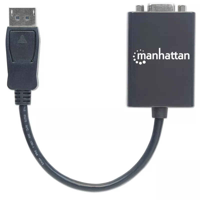 Manhattan DisplayPort į VGA HD15 keitiklio laidas, 15 cm, Kištukas į Lizdą, Aktyvus, DP su Užraktu, Juodas, Viso gyvenimo garantija, Atitikmuo DP2VGA2