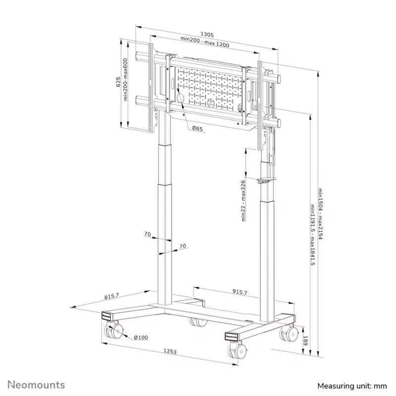Televizoriaus vežimėlis Neomounts FL55-975BL1 motorizuotas 75–115 colių ekranams, plieninis, juodas, max 160 kg, aukštis 2154 mm