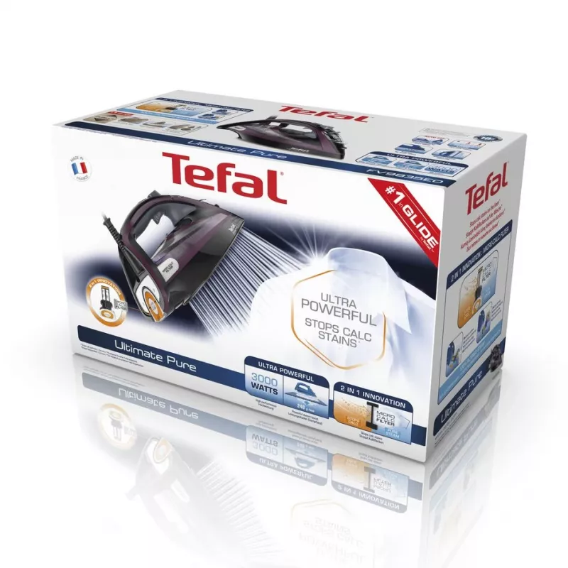 Lyginimo ir garų lygintuvas Tefal Ultimate Pure FV9835 — 3000 W, 55 g/min nuolatinis garas, 240 g/min garo smūgis, 0,35 L bakelis, 2,5 m laidas, antikalkis