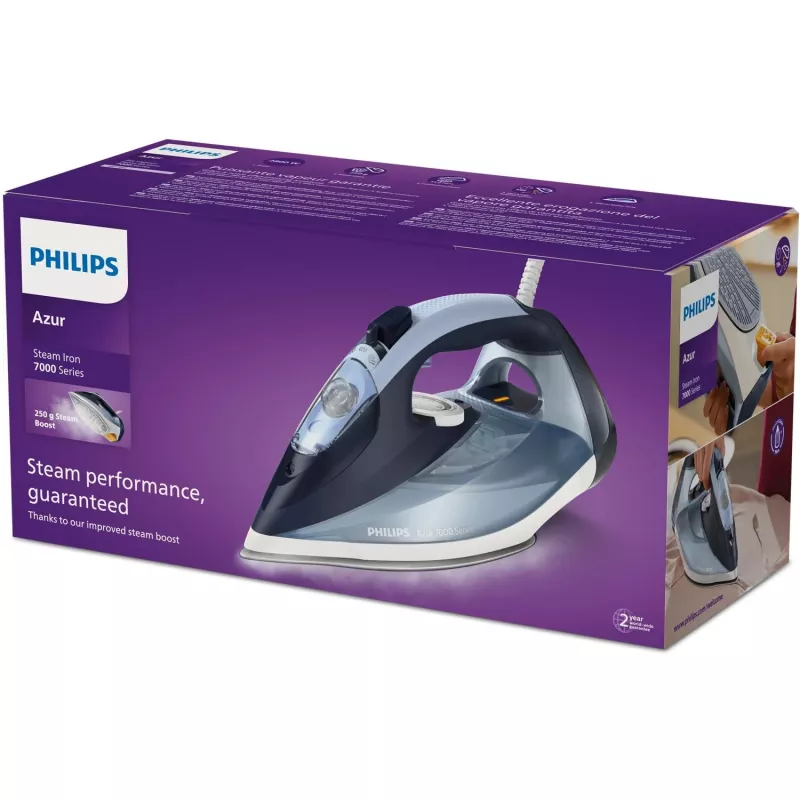 Lyginimo lygintuvas Philips DST7020/20 — 2800 W, SteamGlide Plus padas, 50 g/min nuolatinis, 250 g/min stiprinimas, 0,3 L talpa, mėlyna
