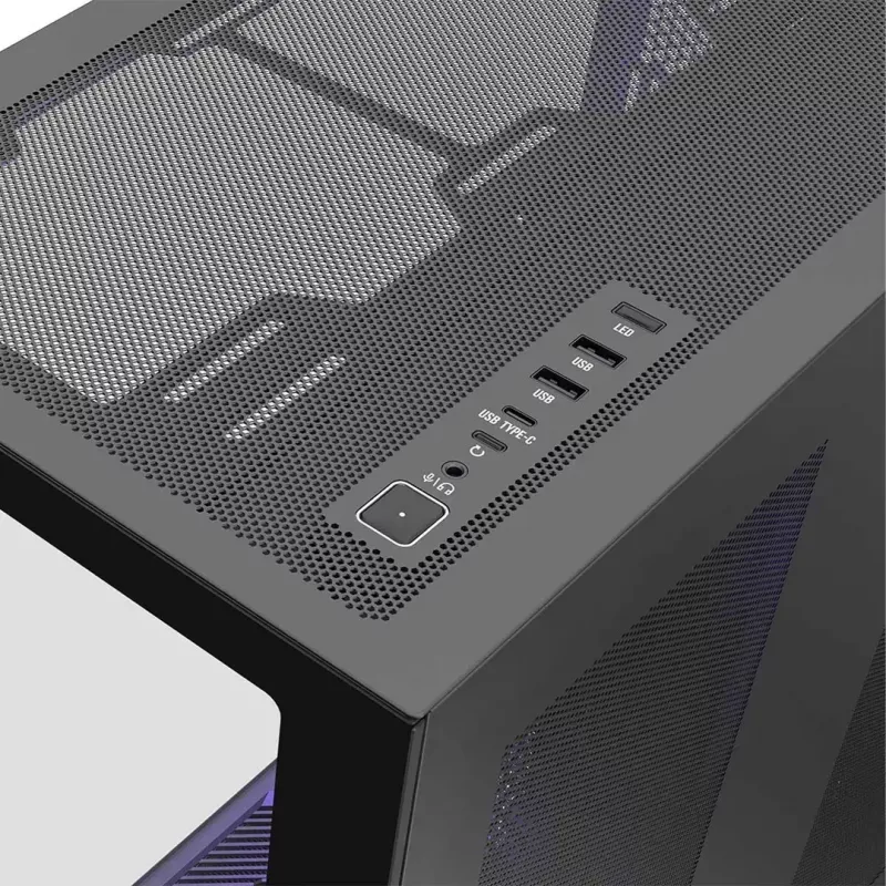 MODECOM Volcano SPACE XL NF pilno bokšto korpusas juodas, grūdintas stiklas, ARGB, micro-ATX, iki 44 cm GPU, 3×3,5 colio / 4×2,5 colio vietos, USB-A 2×, USB-C 1×