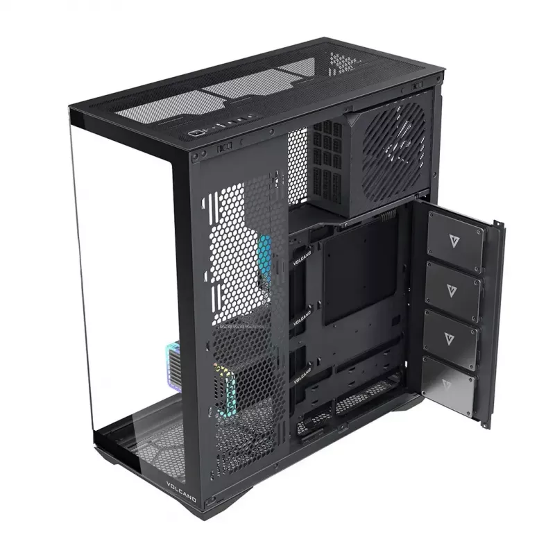 MODECOM Volcano SPACE XL NF pilno bokšto korpusas juodas, grūdintas stiklas, ARGB, micro-ATX, iki 44 cm GPU, 3×3,5 colio / 4×2,5 colio vietos, USB-A 2×, USB-C 1×