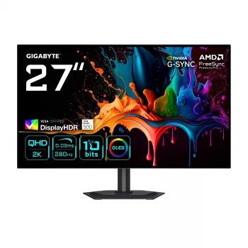 GIGABYTE MO27Q28G 27 colių OLED QHD žaidimų monitorius - 2560 x 1440, 280 Hz, 0,03 ms, 335 cd/m², Display HDR True Black 500, HDMI 2.1, DisplayPort 1.4