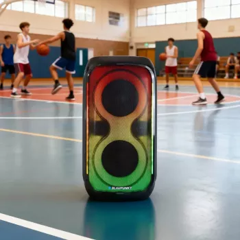Garsiakalbių sistema BLAUPUNKT PB60X — 120W RMS, Bluetooth A2DP, FM, LED ekranas, 7000mAh baterija, 18h, AUX, nuotolinio valdymo pultas, 568×322×321 mm