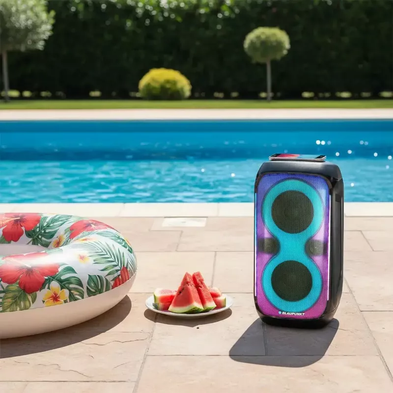 Garsiakalbių sistema BLAUPUNKT PB60X — 120W RMS, Bluetooth A2DP, FM, LED ekranas, 7000mAh baterija, 18h, AUX, nuotolinio valdymo pultas, 568×322×321 mm